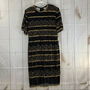 Avalon by Harrison Morgan Sequin Beaded Black Gold Short Sleeve Dress XL vtg